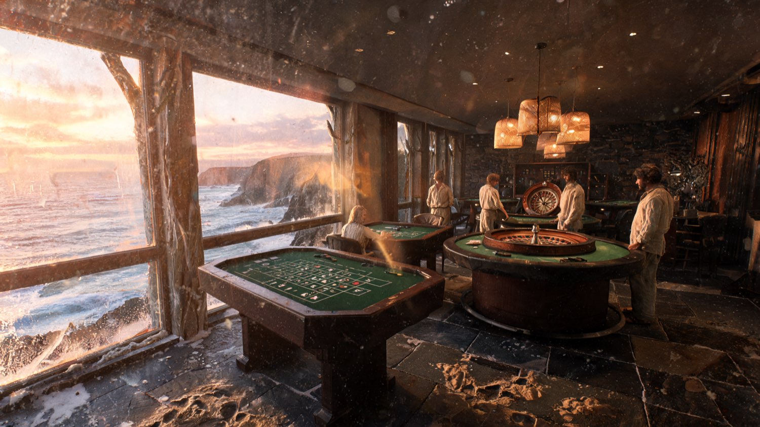 Casino gaming room with roulette and card tables, warm pendant lights and tall windows revealing the Cornwall sea and cliff