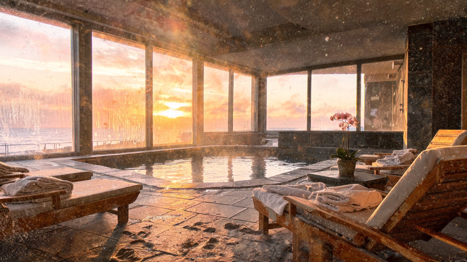 Spa and indoor pool with a stone-lined pool, warm wood loungers and soft gradient light through tall windows
